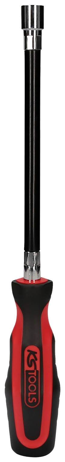 Ein Schraubendreher mit rotem und schwarzem Griff und einer langen, schlanken Metallstange. Geeignet für verschiedene Schraubarbeiten.