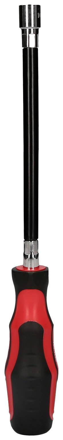 Ein Schraubendreher mit rotem und schwarzem Griff und langem metallischem Schaft, geeignet für einfache oder komplexe Schraubarbeiten.