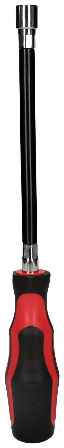 Schraubenzieher mit rotem und schwarzem Griff und langem, flexiblem Schaft, geeignet für schwer zugängliche Stellen.