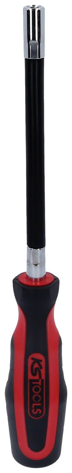 Langer Schraubendreher mit rotem und schwarzem Griff. Geeignet für schwer erreichbare Stellen.