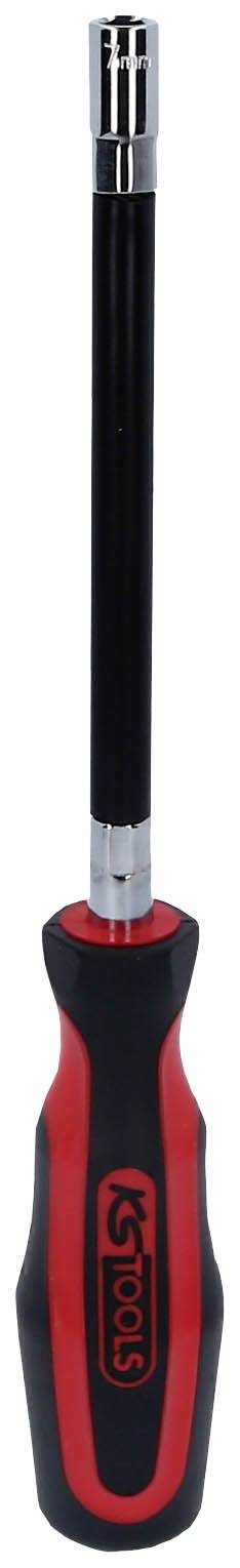 Ein Schraubendreher mit rotem und schwarzem Griff und einer langen, silbernen Klinge, geeignet zum Festziehen oder Lösen von Schrauben.