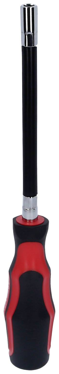 Schraubendreher mit rotem und schwarzem Griff, langer, flexibler Schaft; geeignet für schwer erreichbare Stellen.