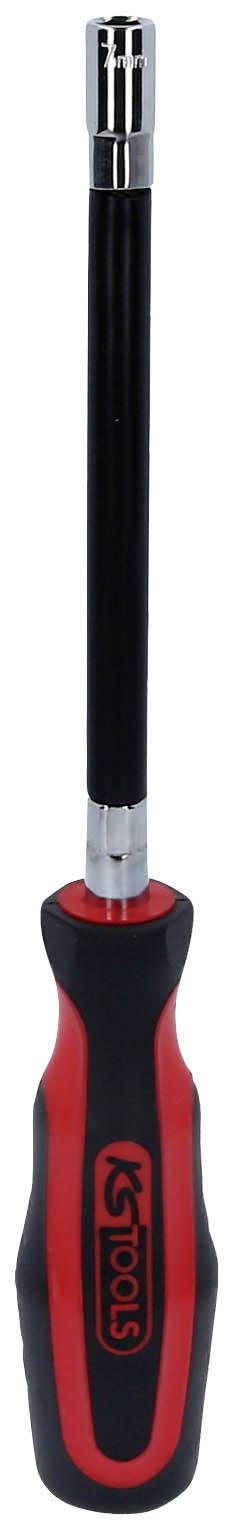 Schraubendreher mit rotem und schwarzem Griff und langem, silbernem Schaft