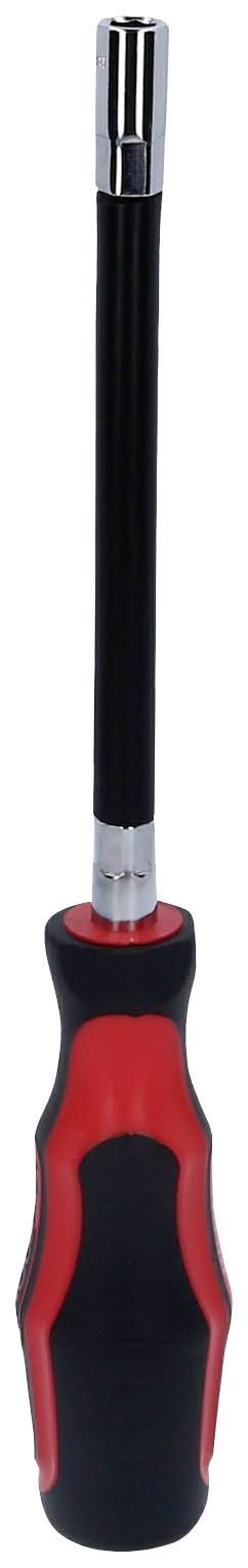 Schraubendreher mit langem Schaft, schwarzem Griff und roten Akzenten, geeignet für schwer zugängliche Stellen.