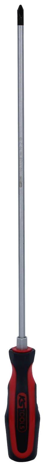 Ein langer Schraubendreher mit rotem und schwarzem Griff.