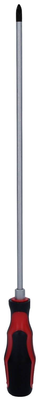 Ein langer Schraubendreher mit rotem und schwarzem Griff, geeignet für Kreuzschlitzschrauben.
