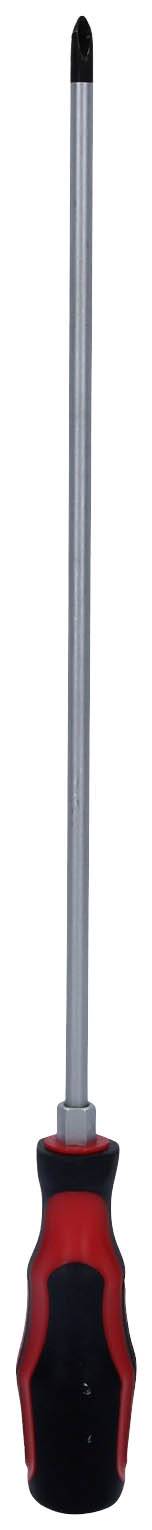Ein langer Schraubendreher mit schwarzer Spitze und rotem Griff, geeignet für schwer zugängliche Stellen.