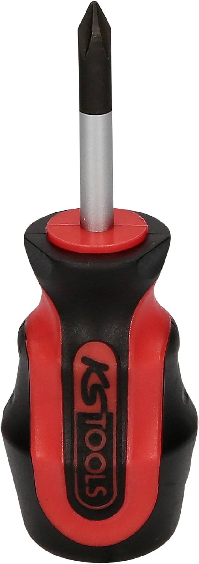 Ein Kreuzschlitz-Schraubendreher mit schwarzem Griff und roten Akzenten, geeignet für verschiedene Schraubarbeiten.