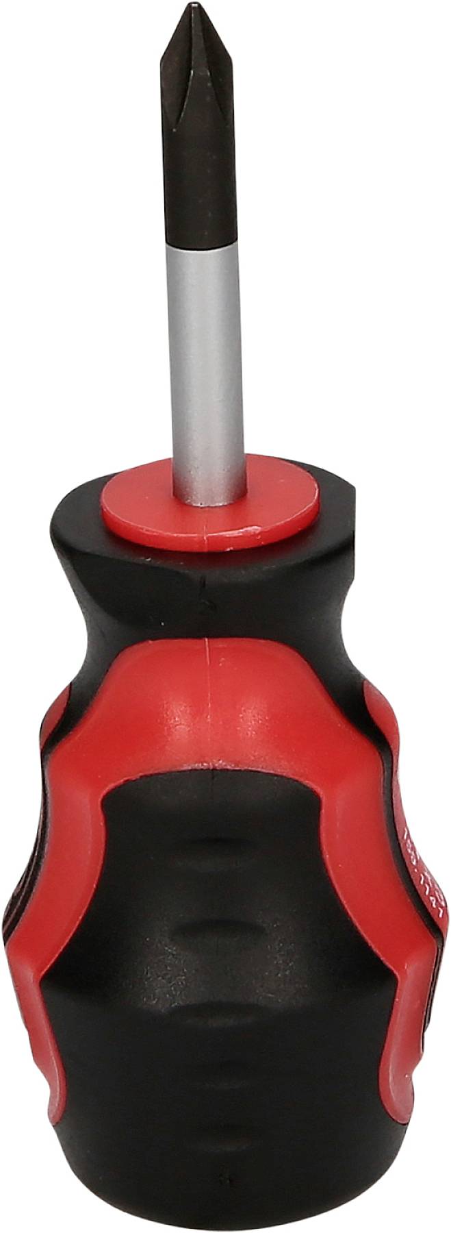 Ein roter und schwarzer Kreuzschlitz-Schraubendreher mit ergonomischem Griff und kurzem Schaft.