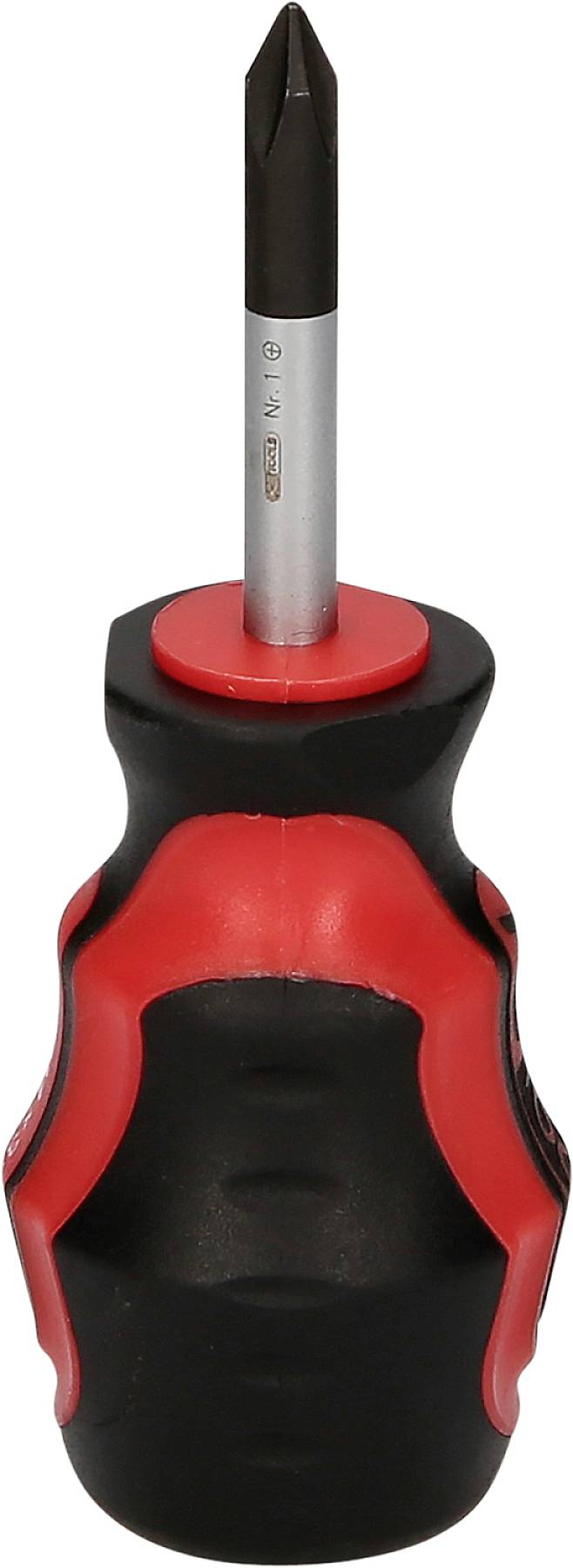 Schraubendreher mit schwarzem Griff und roten Akzenten, Kreuzschlitzspitze aus Metall.