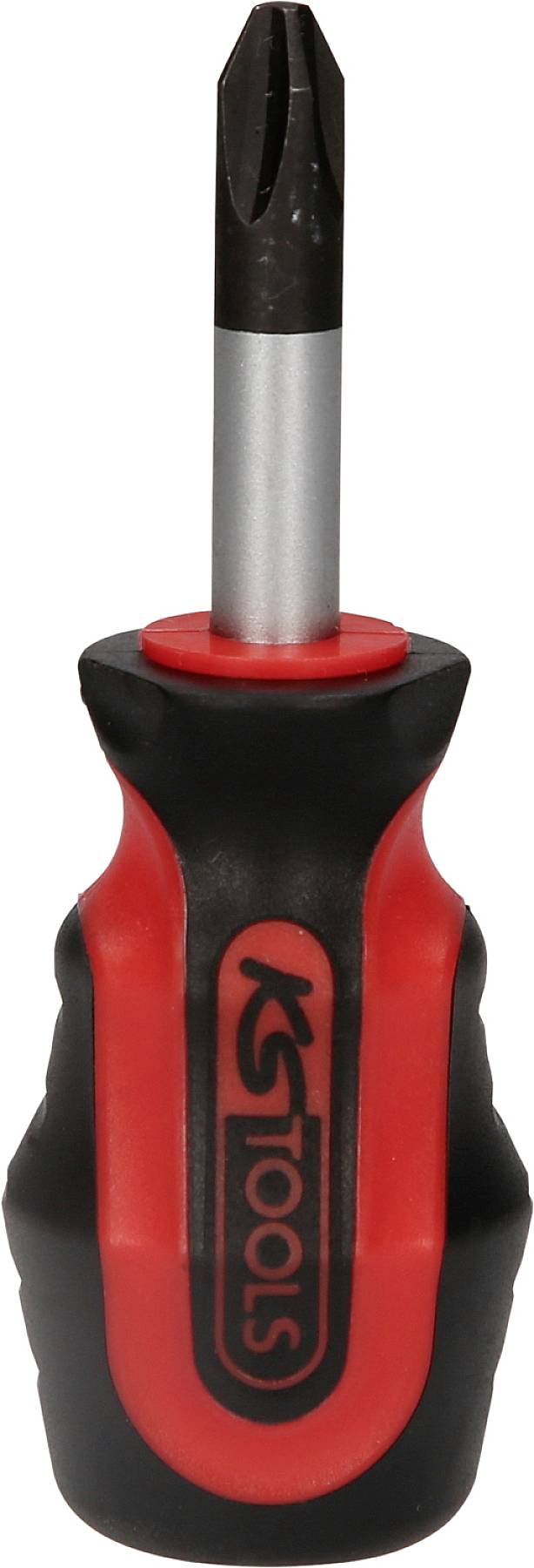 Ein kurzer, roter und schwarzer Schraubendreher mit ergonomischem Griff und Kreuzschlitzspitze.