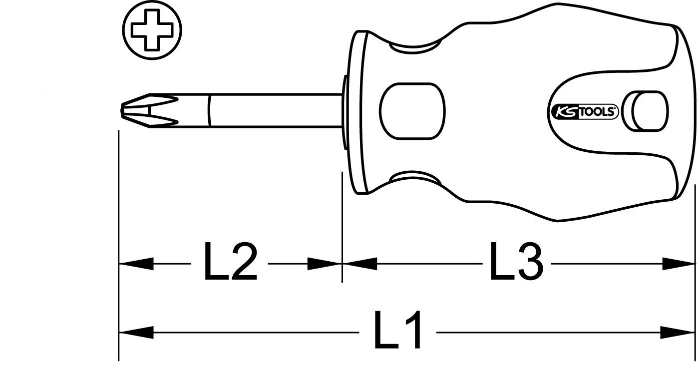 Zeichnung eines Schraubendrehers mit Philips-Kopf. Gesamtlänge L1, Klingenlänge L2, Griffbreite L3. Herstellerlogo sichtbar.