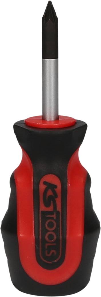 Ein roter und schwarzer Kreuzschlitz-Schraubendreher mit ergonomischem Griff, aufrecht stehend, vor einem neutralen Hintergrund.