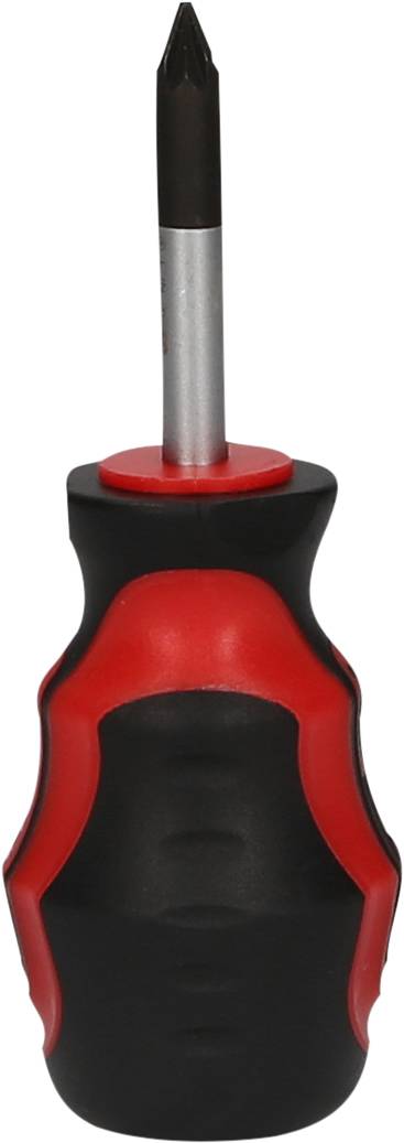 Ein schwarzer und roter Schraubendreher mit einem ergonomischen Griff und einer Kreuzschlitzspitze.