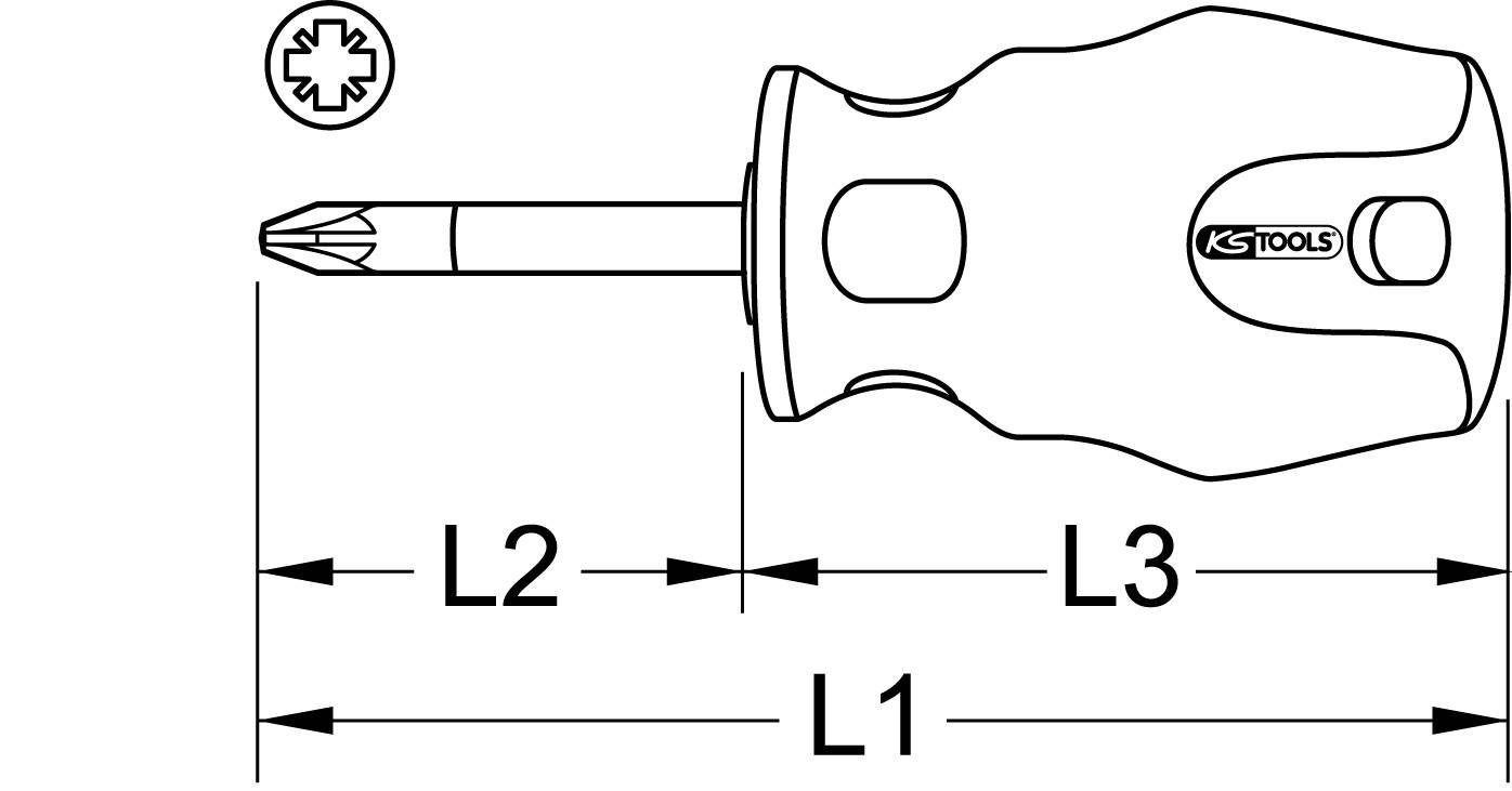 Kreuzschlitz-Schraubenzieher mit gekennzeichneten Abmessungen: L1, L2, L3. Technische Zeichnung mit Hersteller-Logo auf dem Griff.