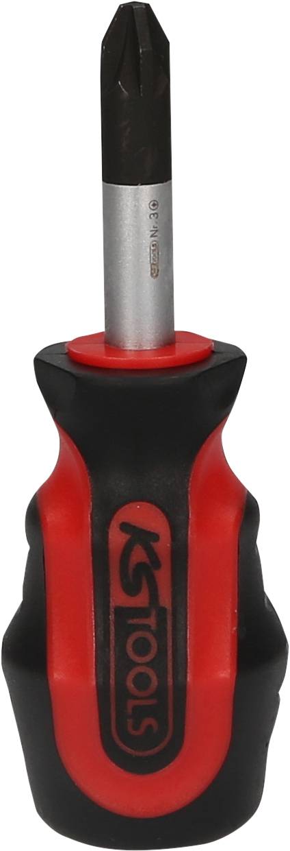 Ein schwarzer und roter Schraubendreher mit Kreuzschlitzkopf und ergonomischem Griff.