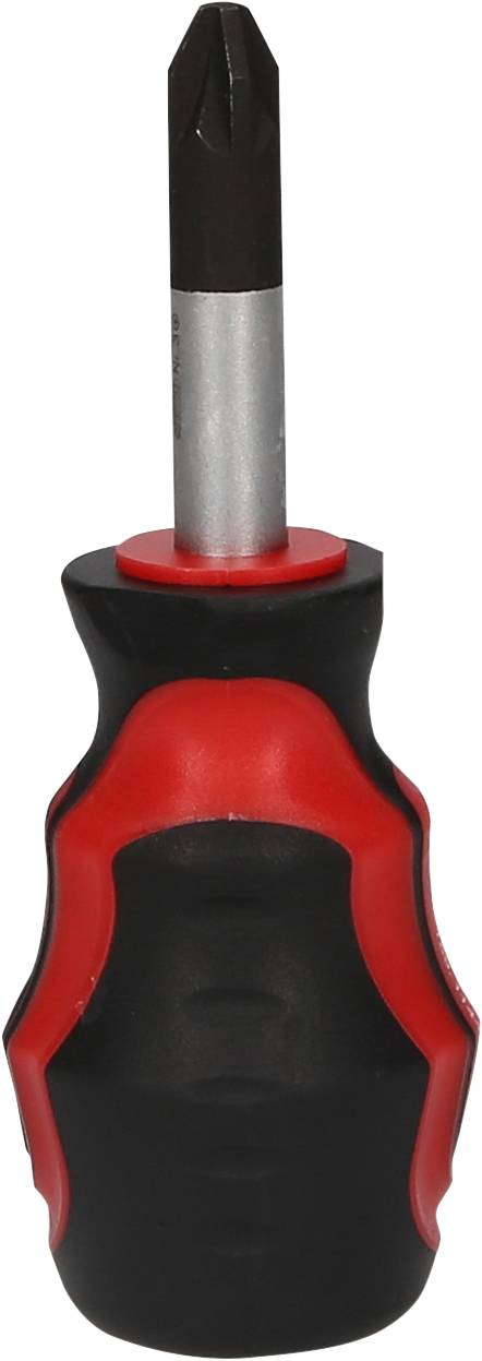 Ein schwarzer und roter Kreuzschlitz-Schraubendreher mit ergonomischem Griff, aufrecht stehend.