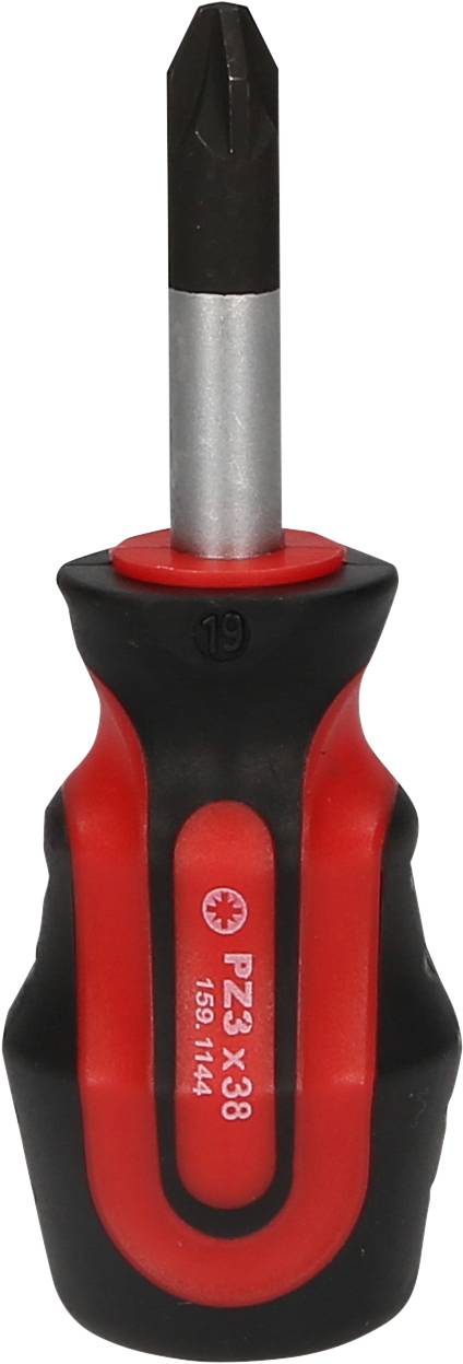 Schraubendreher mit rotem und schwarzem Griff, kurzer Schaft und Kreuzschlitzkopf. Geeignet für Arbeiten in engen Bereichen.