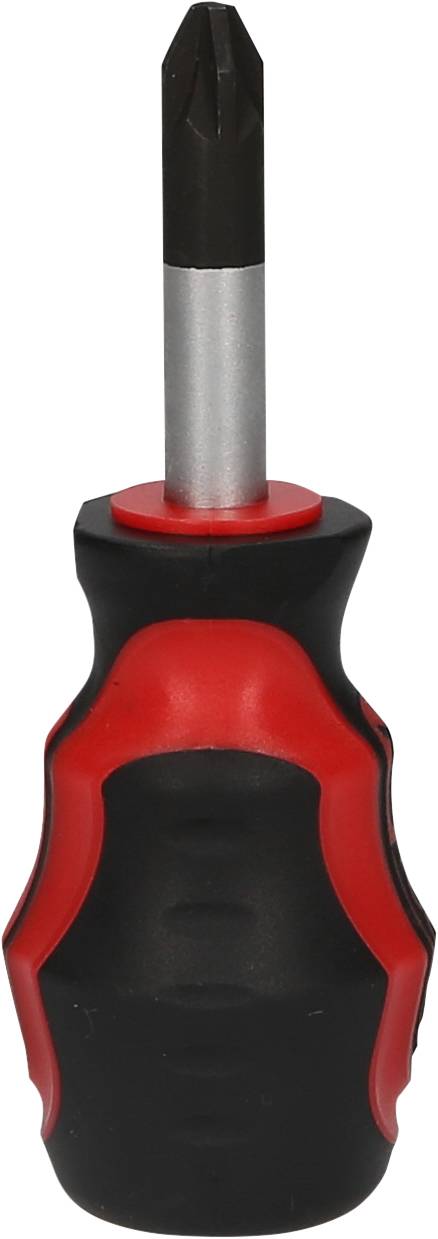 Schraubendreher mit schwarzem Griff und rotem Muster, Kreuzschlitzspitze, vor weißem Hintergrund.