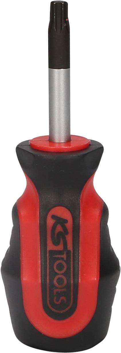Ein rot-schwarzer Schraubendreher mit ergonomischem Griff, vermutlich Torx, für präzises Schrauben in verschiedenen Anwendungen.
