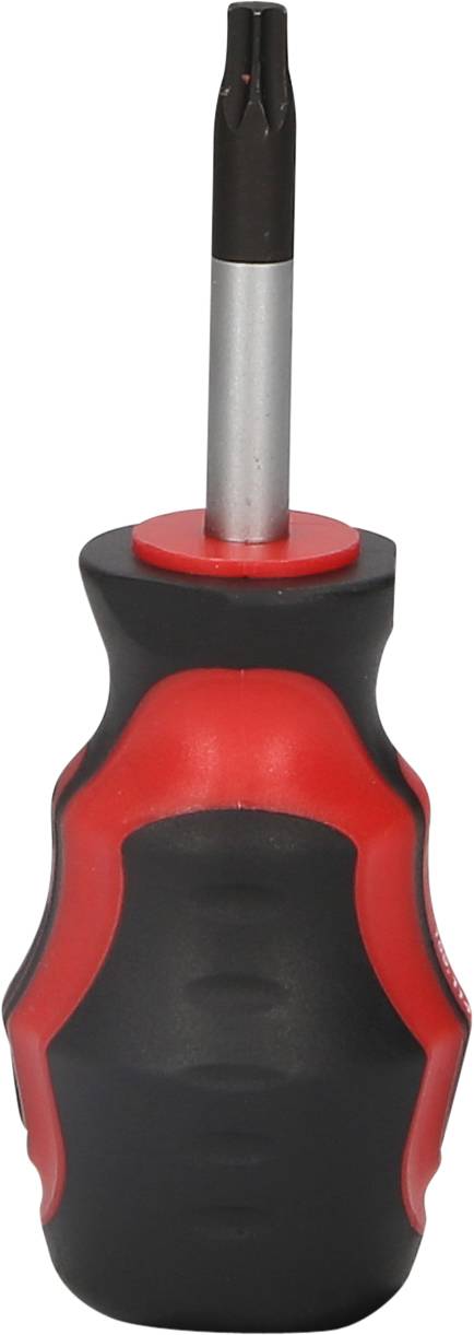 Ein schwarzer und roter Schraubendreher mit ergonomischem Griff und Torx-Spitze, vor weißem Hintergrund.