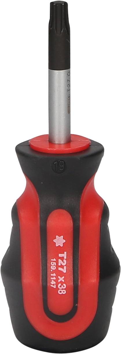 Ein roter Schraubendreher mit schwarzem Griff, Torx-Kopfgröße T27, Länge 38 mm, geeignet für Arbeiten in Heimwerker- und Profibereichen.