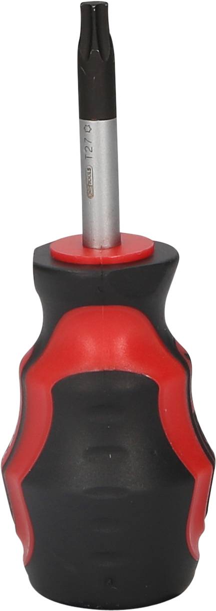 Schraubendreher mit ergonomischem, rot-schwarzem Griff und wechselbarem Aufsatz, geeignet für Torx-Schrauben.