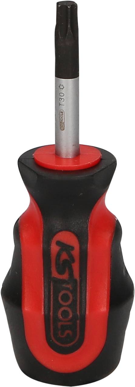 Kleiner Schraubendreher mit rotem und schwarzem Griff, geeignet für präzise Arbeiten.