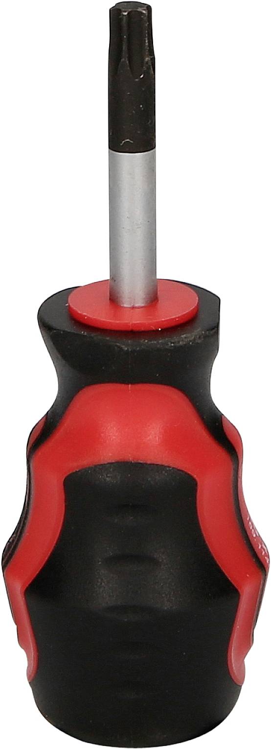 Ein Schraubendreher mit rotem und schwarzem Griff, geeignet für Torx-Schrauben. Der Griff ist ergonomisch geformt.