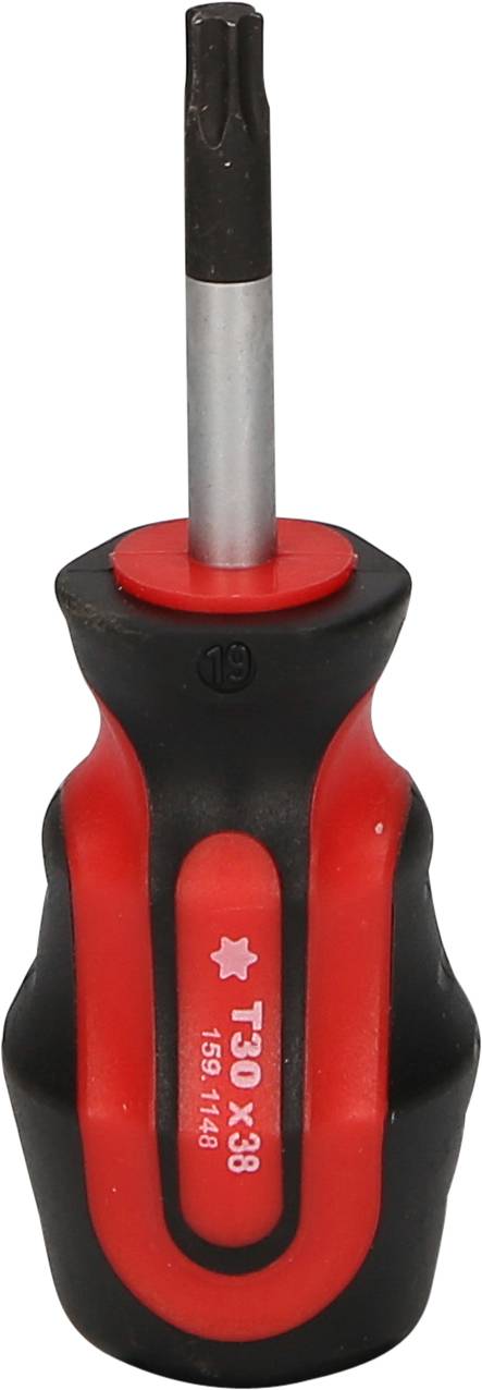 Ein kurzer schwarzer und roter Schraubendreher mit einem Torx-Kopf, typisch für das Anziehen oder Lösen von Schrauben mit Torx-Schlitzen.