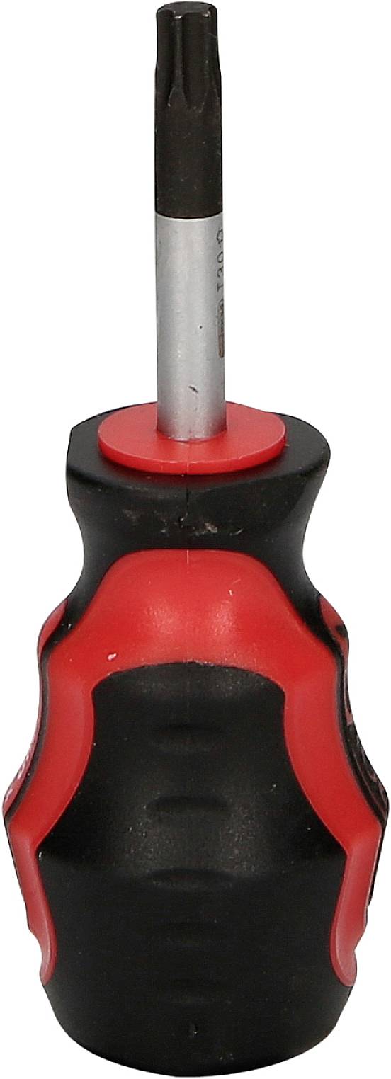 Schwarzer und roter Schraubendreher mit ergonomischem Griff, Torx-Klinge. Ideal für präzise Arbeiten und bequemen Halt.