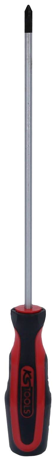 Ein langer, schwarzer und roter Schraubendreher mit ergonomischem Griff.