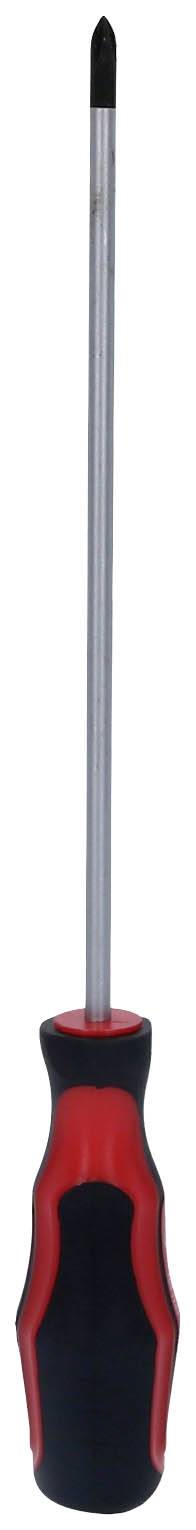 Ein Kreuzschlitzschraubendreher mit schwarzer Spitze und rotem Griff. Geeignet für Schrauben mit Kreuzschlitzkopf.