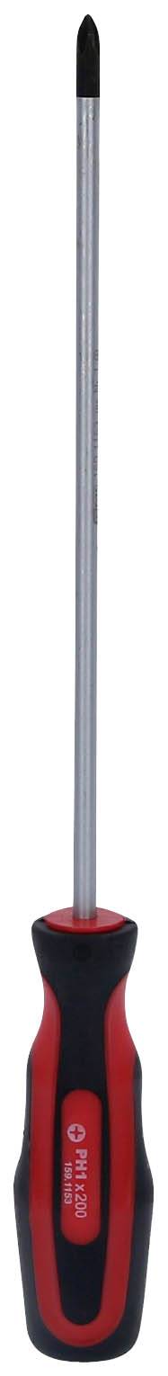 Ein roter und schwarzer Kreuzschlitzschraubendreher mit ergonomischem Griff, geeignet für verschiedene Schraubaufgaben.