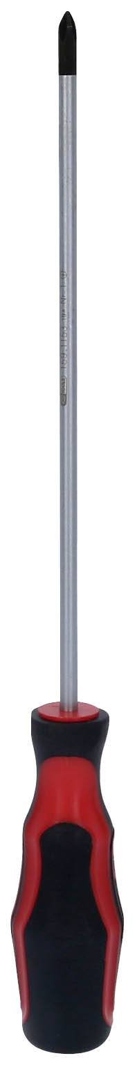 Ein Kreuzschlitz-Schraubendreher mit schwarzer Spitze und rotem, gummiertem Griff.