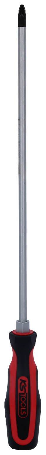 Schraubendreher mit schwarzem Griff und roten Details, lange Metallstange, Kreuzschlitzspitze. Geeignet für Kreuzschlitzschrauben.