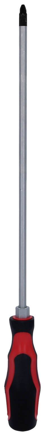 Ein Kreuzschlitz-Schraubendreher mit langem, silbernem Schaft und schwarzem Griff mit roten Akzenten.