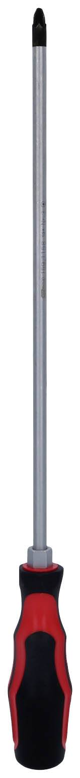 Ein Schraubendreher mit schwarzem und rotem Griff und einem langen, schmalen Metallstab ist abgebildet.