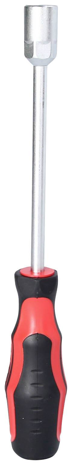 Werkzeug mit rotem und schwarzem Griff, das wie ein Schraubenschlüssel aussieht.