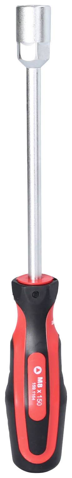 Kreuzschlitzschraubendreher mit rotem und schwarzem Griff, einer langen Metallschaft und einer Kreuzspitze.