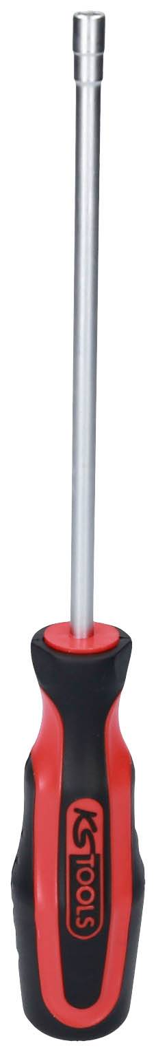 Schraubendreher mit rotem und schwarzem Griff und metallischer Spitze, vertikal ausgerichtet.