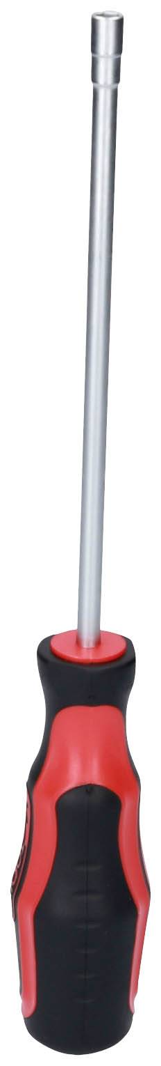 Ein langer Schraubendreher mit einem schwarz-roten Griff, geeignet für präzise Arbeiten oder schwer zugängliche Stellen.