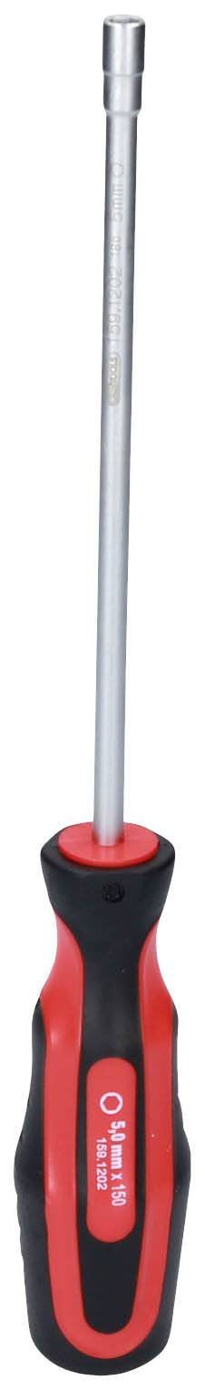 Schraubendreher mit schwarz-rotem Griff und langem, silbernem Schaft für Sechskantmuttern.