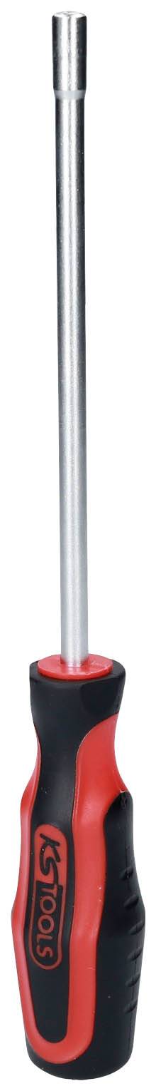 Schraubendreher mit rotem und schwarzem Griff, langem Metallschaft und Sechskantspitze für handwerkliche Arbeiten.