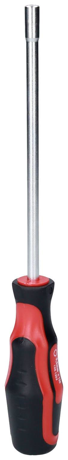 Ein Schraubendreher mit langem Metallschaft und ergonomischem, rot-schwarzem Griff liegt aufrecht.