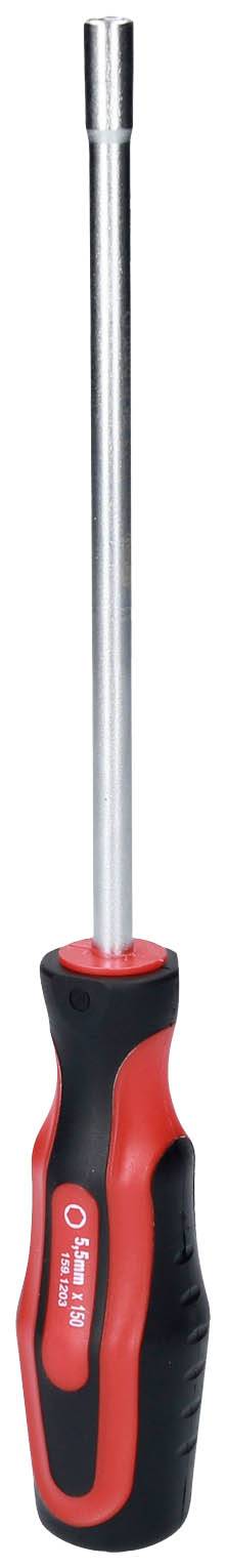 Ein langer Schraubendreher mit rotem und schwarzem Griff.