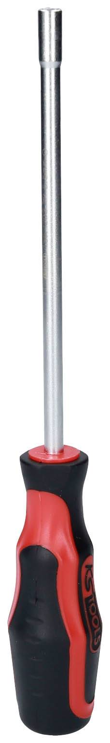 Schwarzer und roter Schraubendreher mit ergonomischem Griff und langer, schmaler Klinge.