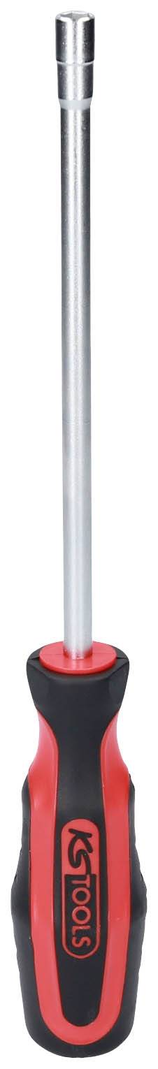 Magnetischer Schraubendreher mit rot-schwarzem Griff, geeignet für Arbeiten an Metallteilen.