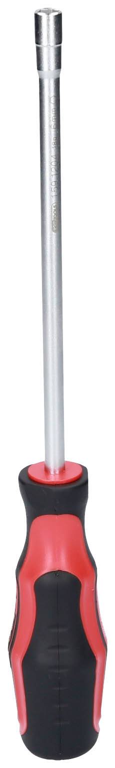 Ein langer Schraubendreher mit schwarzem und rotem Griff, geeignet für tiefliegende Schrauben.