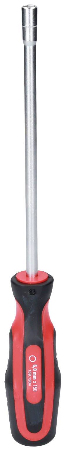 Schraubenzieher mit langem Metallstab und schwarzem, ergonomischem Griff mit roten Akzenten.